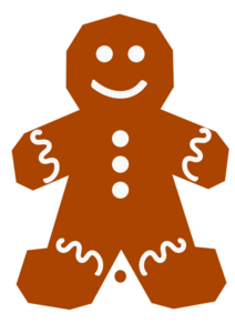 Smiling gingerbread man cookie with white icing details on arms, legs, and buttons.