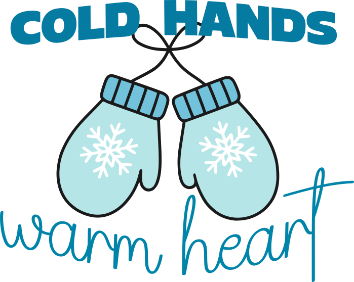 Cold Hands Warm Heart SVG design featuring two light-blue winter mittens with white snowflakes, tied together with a black string, bold uppercase text reading “COLD HANDS,” and script lettering that says “warm heart.”